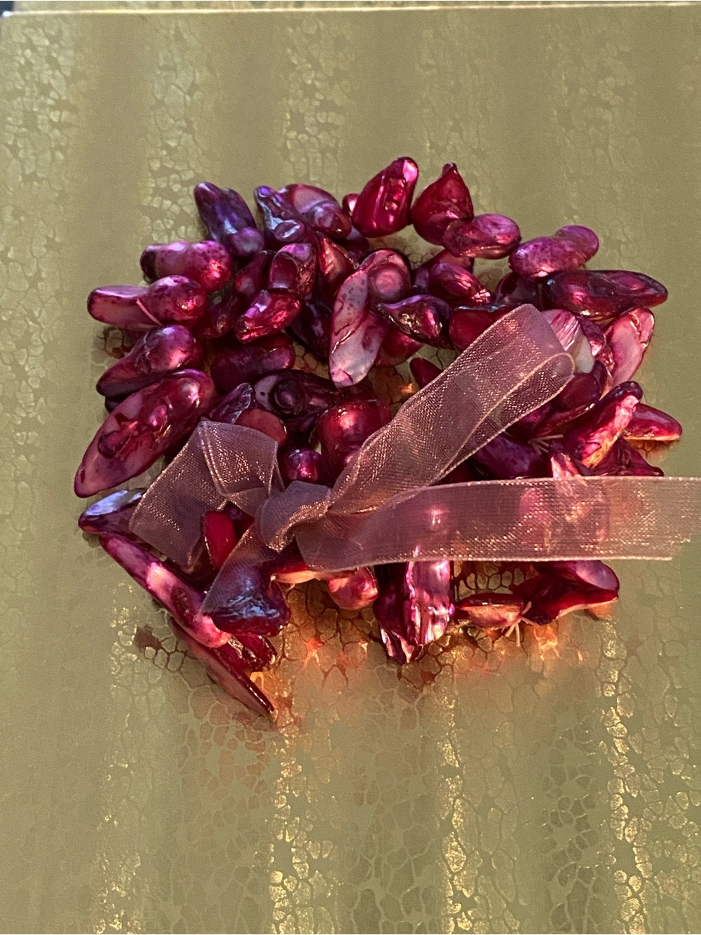 Handmade Pink Shell Stretch Bracelet with Ribbon